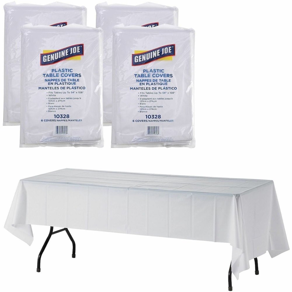 Genuine Joe Plastic Rectangular Table Covers - 108" Length x 54" Width - Plastic - White - 6/Pack - 4 / Carton. Picture 1