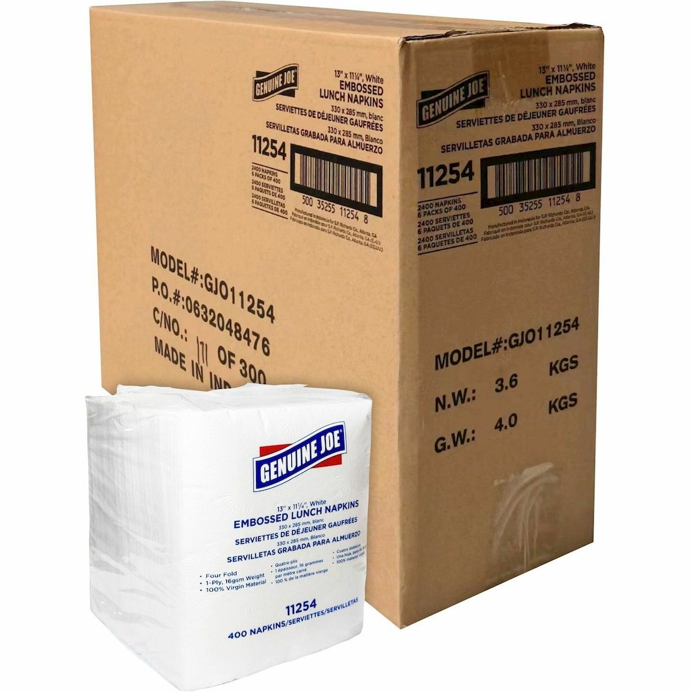 Genuine Joe Lunch Napkins - 1 Ply - Quarter-fold - 13" Width x 11.25" Length - White - 400/Pack - 6 / Carton. Picture 1
