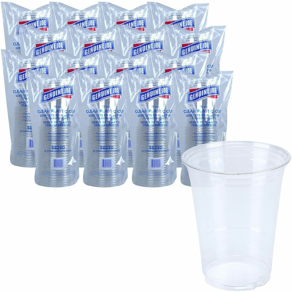 Genuine Joe 16 oz Clear Plastic Cups - 16 fl oz - Clear - Plastic - Cold Drink, Beverage - 25/Pack - 20 / Carton. Picture 1