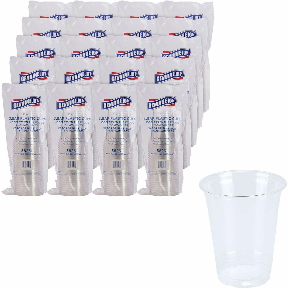 Genuine Joe 12 oz Clear Plastic Cups - 12 fl oz - Clear - Plastic - Cold Drink, Beverage - 25/Pack - 20 / Carton. Picture 1