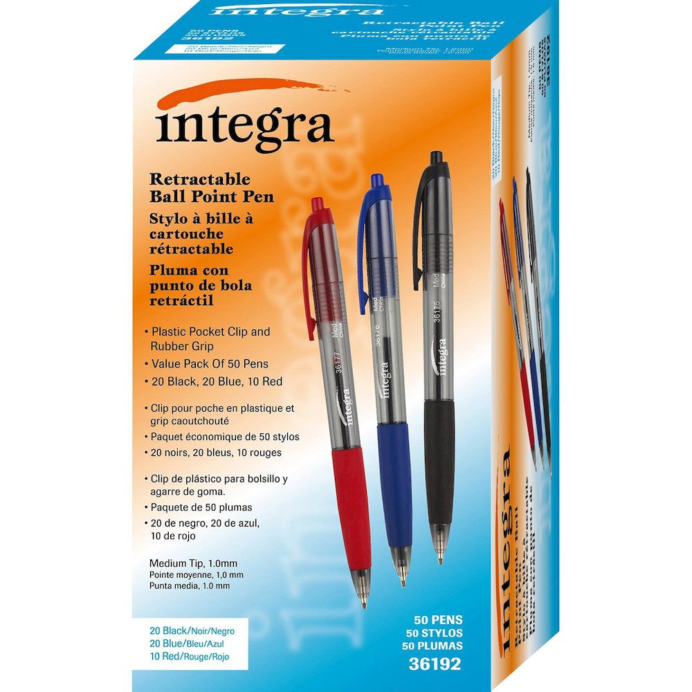 Integra 1.0mm Retractable Ballpoint Pen - Medium Pen Point - 1 mm Pen Point Size - Retractable - Assorted - 50 / Box. Picture 1