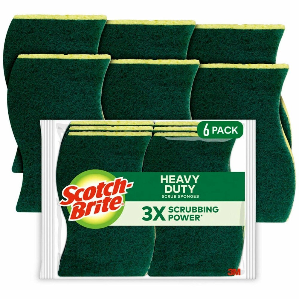 Scotch-Brite Heavy-Duty Scrub Sponges - 2.8" Height x 4.5" Width x 0.6" Depth - 6/Pack - 6 / Carton - Green, Yellow. Picture 1