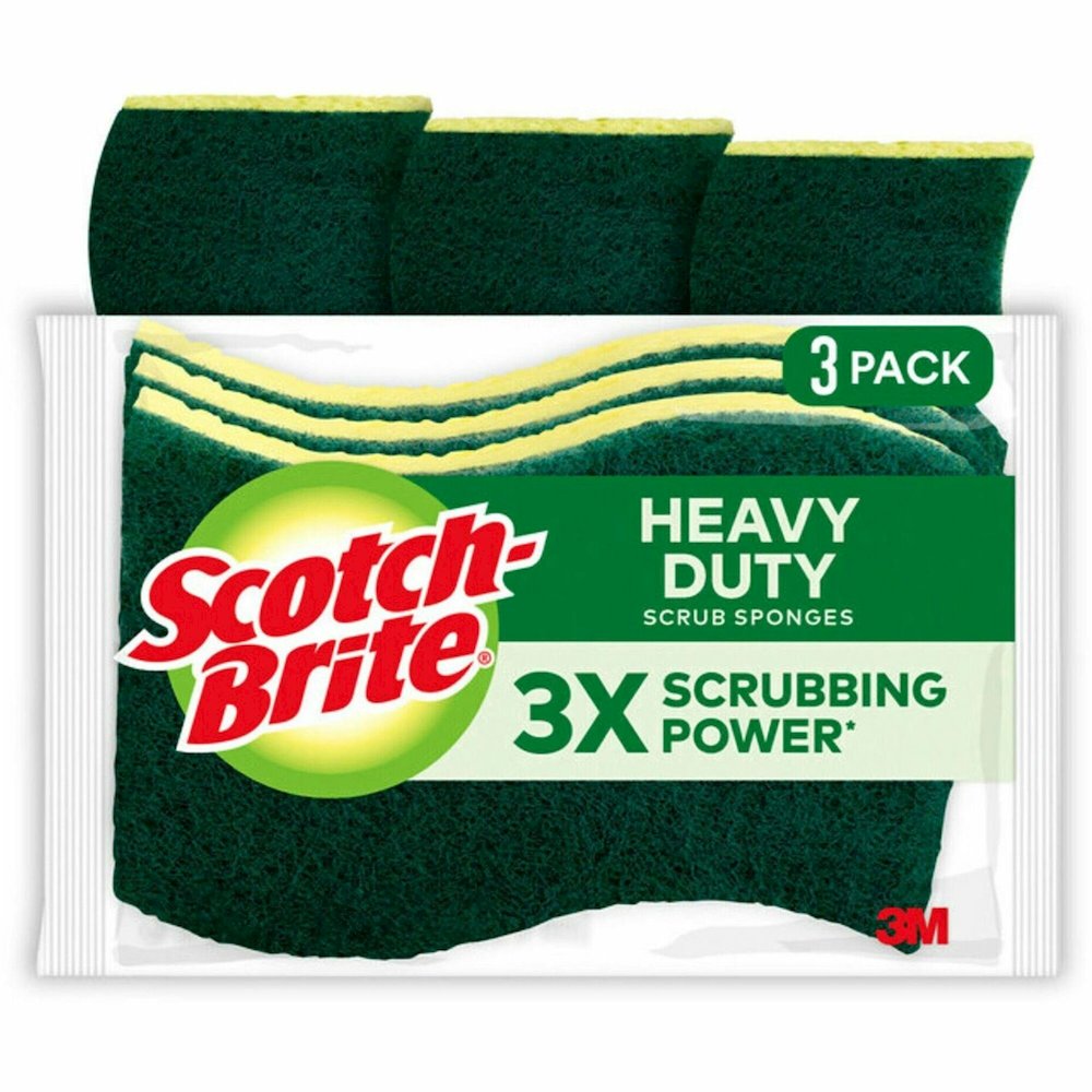 Scotch-Brite Heavy-Duty Scrub Sponges - 2.8" Height x 4.5" Width x 4.5" Length x 590 mil Thickness - 3/Pack - 8 / Carton - Yellow, Green. Picture 1