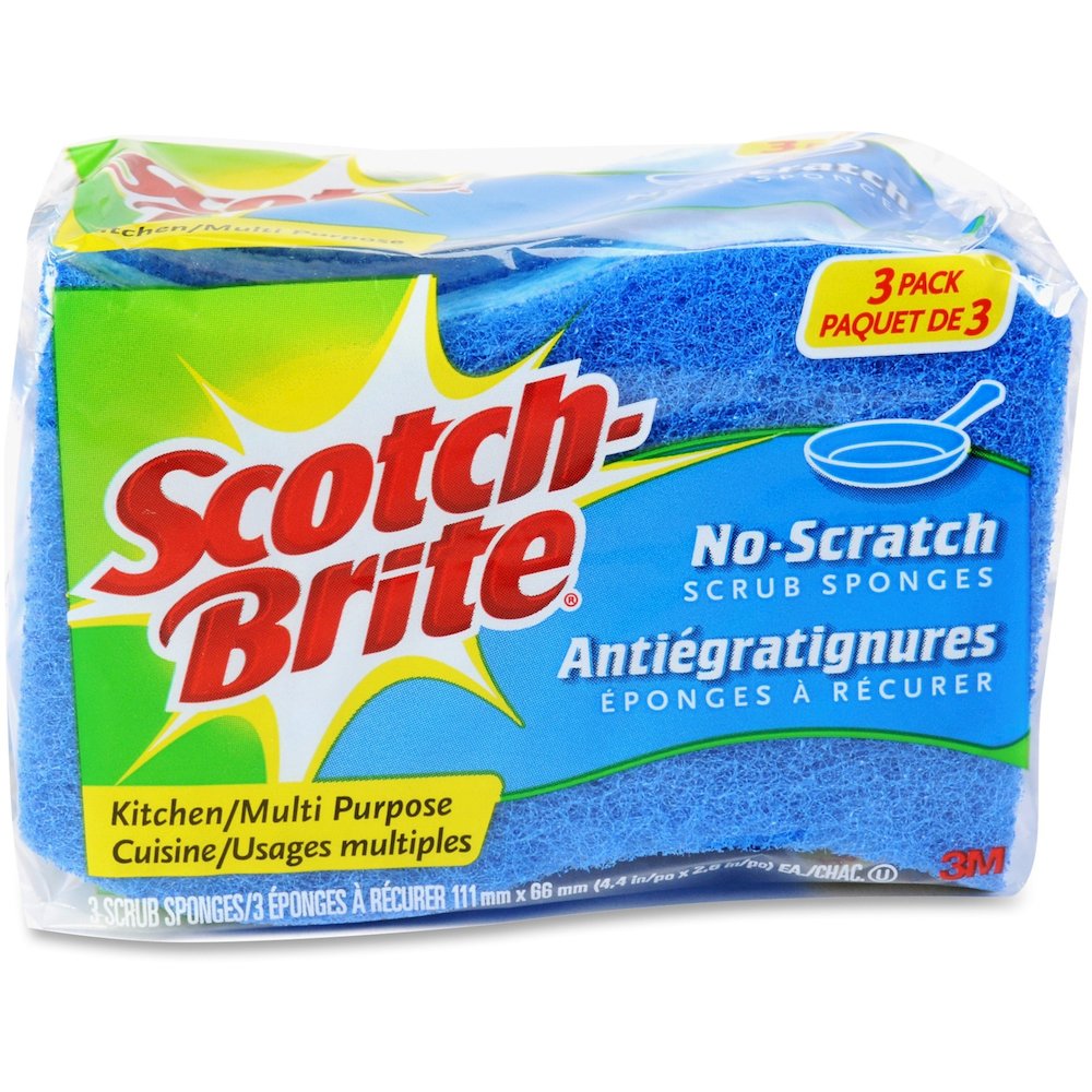 Scotch-Brite No Scratch Scrub Sponges - 2.8" Height x 4.5" Width x 4.5" Length x 590 mil Thickness - 3/Pack - 8 / Carton - Blue. Picture 1