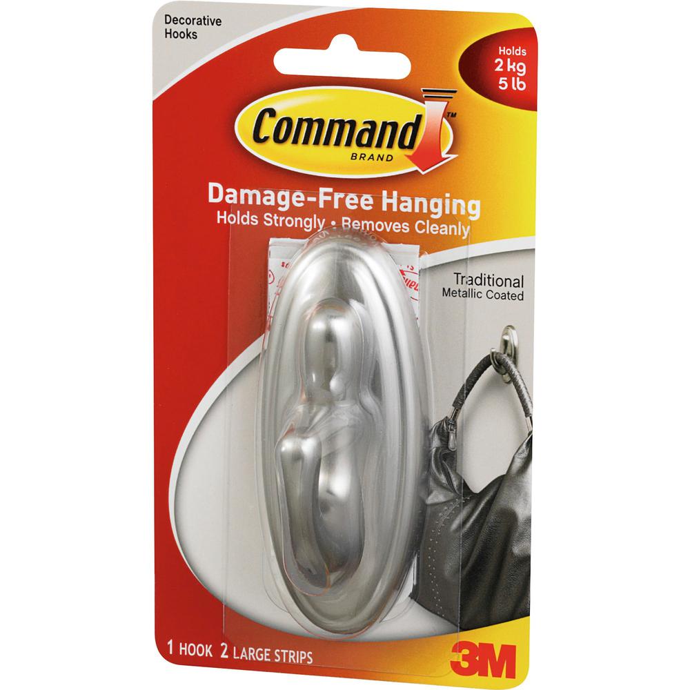 Command Traditional Hook - Large - 5 lb (2.27 kg) Capacity - for Decoration, Indoor - Plastic - Metallic Silver - 1 / Pack. Picture 1