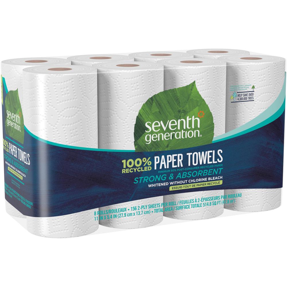 Seventh Generation 100% Recycled Paper Towels - 2 Ply - 156 Sheets/Roll - White - PaperPack - 8/Pack - 4 / Carton. Picture 1