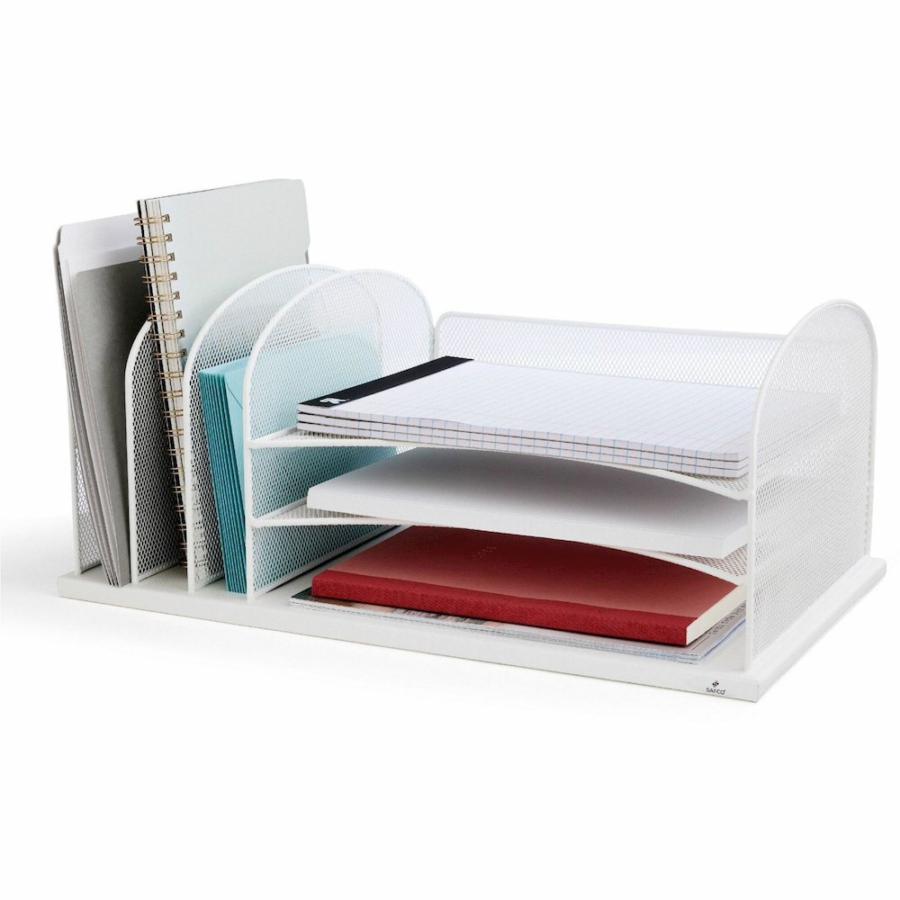 Safco Onyx 3 Tray/3 Upright Section Desk Organizer - 8.25" Height x 19.50" Width x 11.50" Depth - Desktop - White - Steel - 1 Each. Picture 1