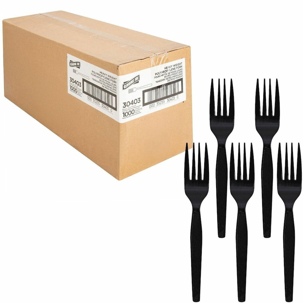 Genuine Joe Medium-Heavyweight Plastic Fork - 1 Piece(s) - Fork - 1 x Fork - Disposable - Textured - Black - 1000 / Carton. Picture 1