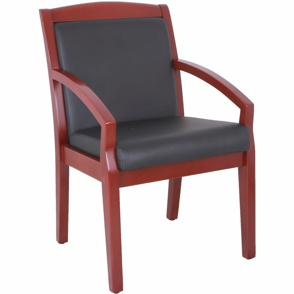Lorell Sloping Arms Wood Frame Guest Chair - Black Seat Color - Bonded Leather Seat Material - Black Back Color - Bonded Leather Back Material - Mahogany Frame Color - Solid Wood, Rubberwood Frame Mat. Picture 1