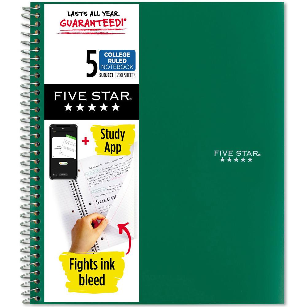 Five Star Wirebound College Rule 5 - subject Notebook - Letter - 200 Sheets - Wire Bound - College Ruled - Letter - 8 1/2" x 11" - Green Cover - 1 Each. Picture 1