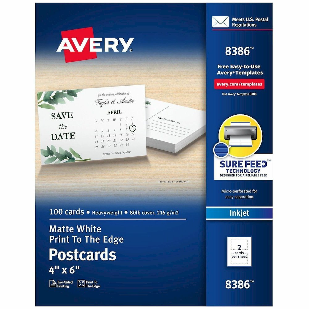 Avery&reg; Sure Feed Postcards - 97 Brightness - 4" x 6" - 80 lb Basis Weight - 216 g/m² Grammage - Matte - Perforated, Heavyweight, Rounded Corner, Print-to-the-edge, Recyclable, Biodegradable, . Picture 1