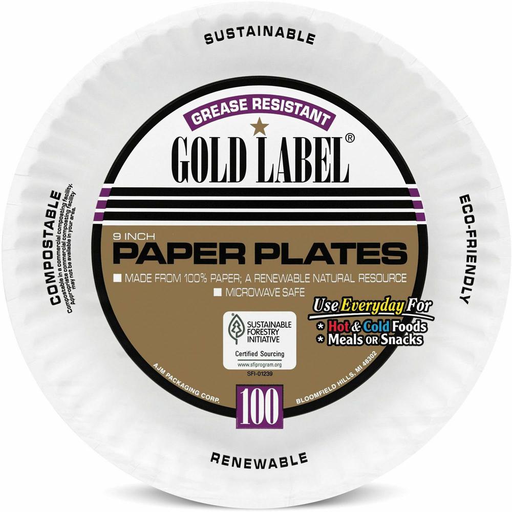 AJM 9" Dinnerware Paper Plates - Serving - Disposable - Microwave Safe - 9" Diameter - White - Paper Body - 100 / Pack. Picture 1