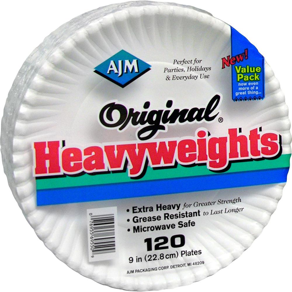 AJM 9" Original Heavyweight Plates - Serving, Reheating - Disposable - Microwave Safe - 9" Diameter - White - Paper Body - 120 / Pack. Picture 1