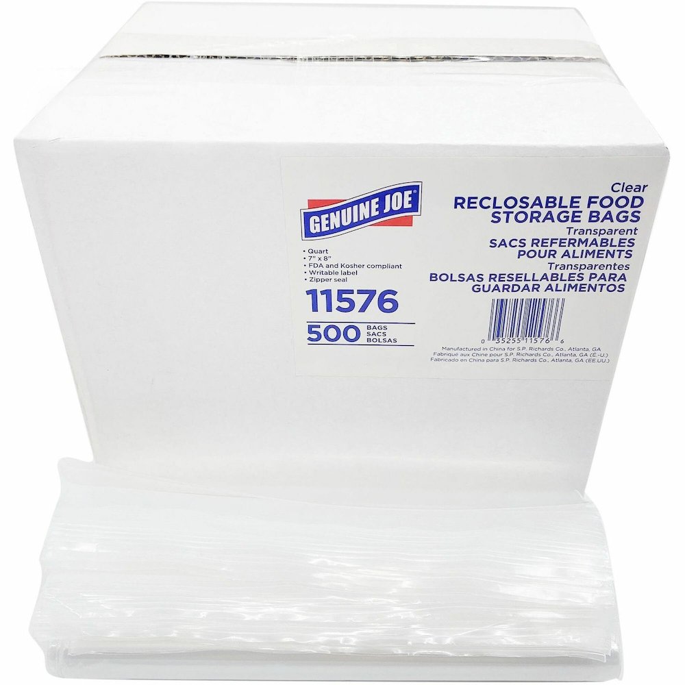 Genuine Joe Food Storage Bags - 1 quart Capacity - 8" Length x 7" Width x 1.75 mil (44 Micron) Thickness - Zipper Closure - Clear - Food, Beef, Poultry, Vegetables, Seafood - 500 / Box. Picture 1