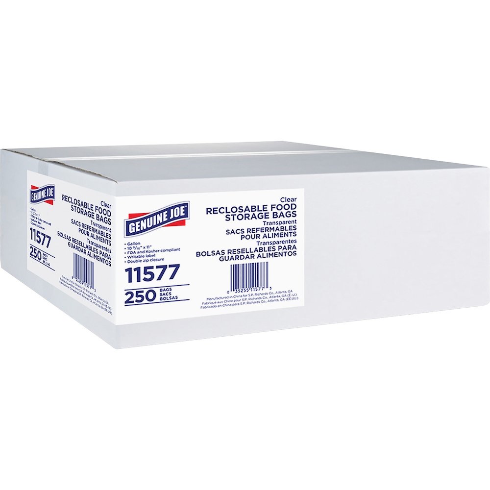 Genuine Joe Food Storage Bags - 1 gal Capacity - 11" Length x 10.56" Width x 1.75 mil (44 Micron) Thickness - Zipper Closure - Clear - Food, Beef, Vegetables, Seafood, Poultry - No - 250 / Box. Picture 1