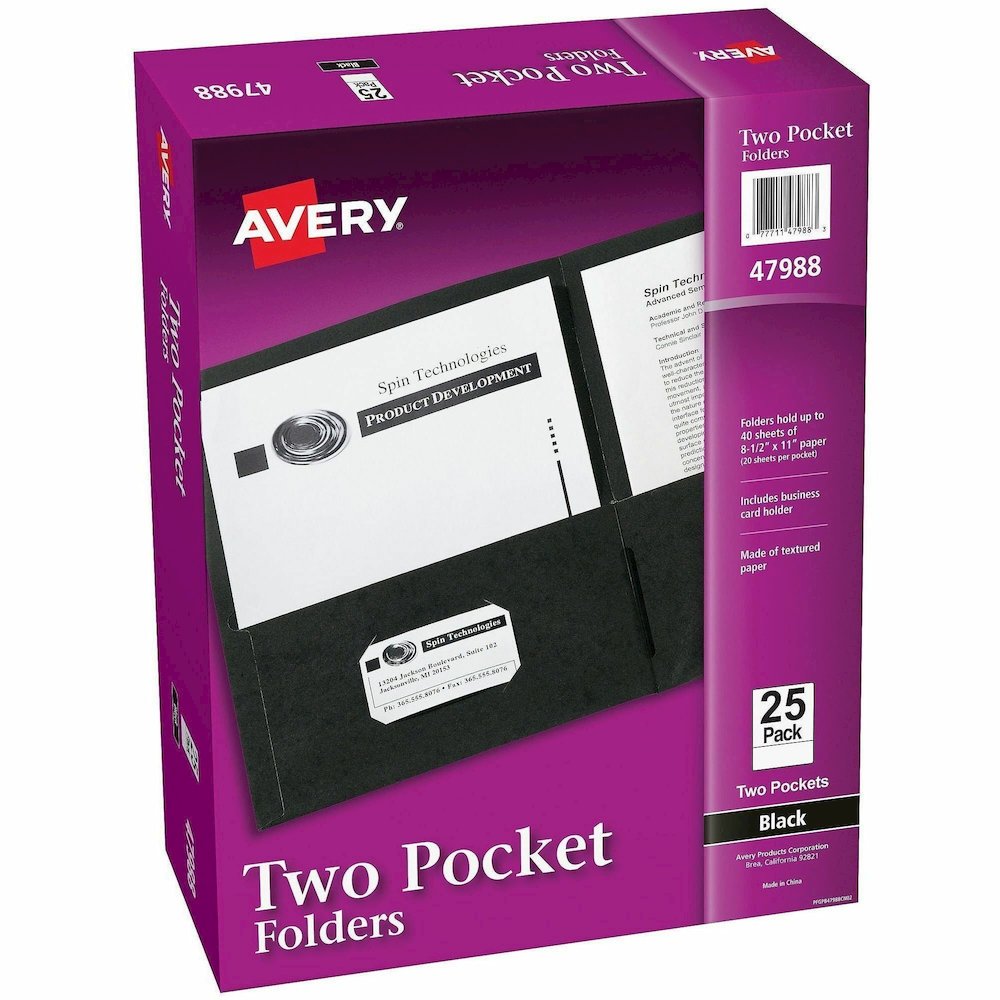 Avery&reg; Letter Pocket Folder - 8 1/2" x 11" - 40 Sheets Capacity - 2 Internal Pocket - Embossed Paper - Black - Embossed - 25/Box - 5 / Carton. Picture 1