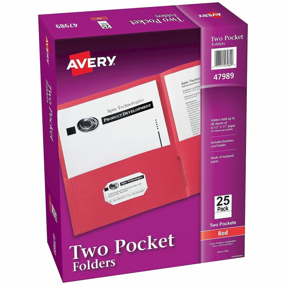 Avery&reg; Letter Pocket Folder - 8 1/2" x 11" - 40 Sheets Capacity - 2 Internal Pocket - Embossed Paper - Red - Embossed - 25/Box - 5 / Carton. Picture 1