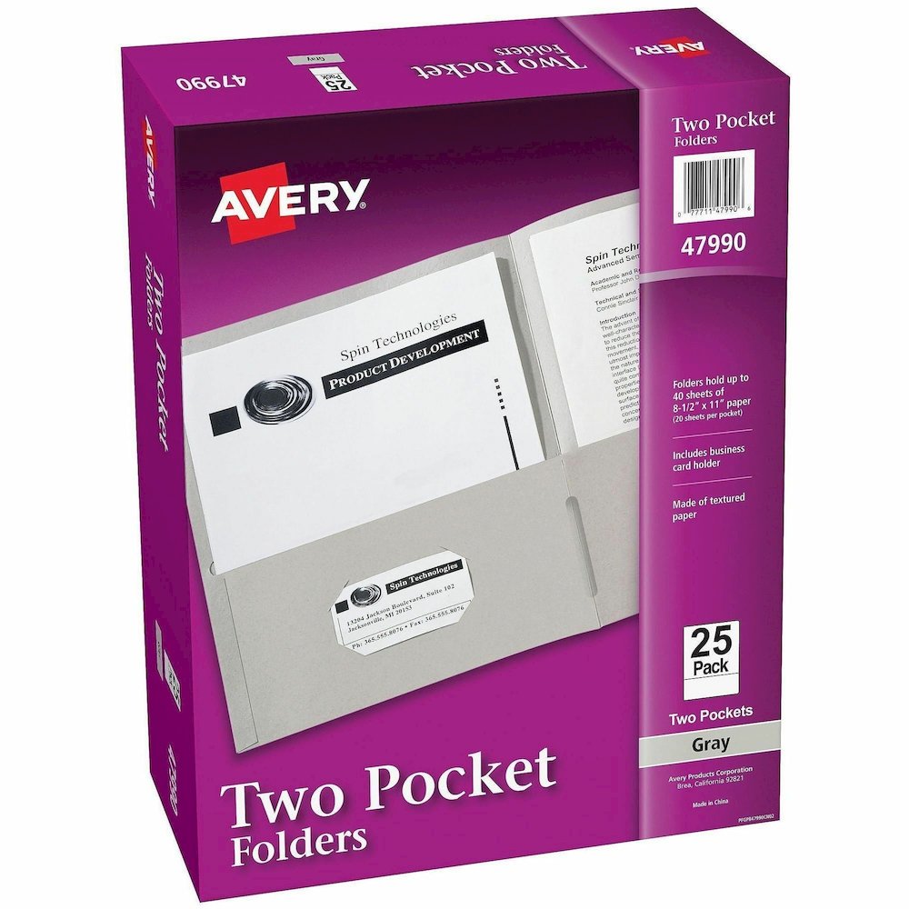 Avery&reg; Letter Pocket Folder - 8 1/2" x 11" - 40 Sheets Capacity - 2 Internal Pocket - Embossed Paper - Gray - Embossed - 25/Box - 5 / Carton. Picture 1