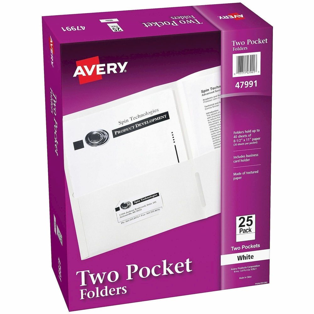 Avery&reg; Letter Pocket Folder - 8 1/2" x 11" - 40 Sheets Capacity - 2 Internal Pocket - Embossed Paper - White - Embossed - 25/Box - 5 / Carton. Picture 1