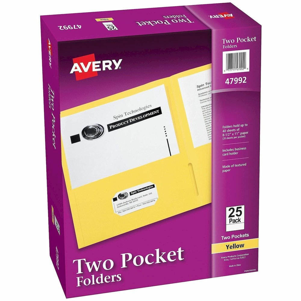 Avery&reg; Letter Pocket Folder - 8 1/2" x 11" - 40 Sheets Capacity - 2 Internal Pocket - Embossed Paper - Yellow - Embossed - 25/Box - 5 / Carton. Picture 1