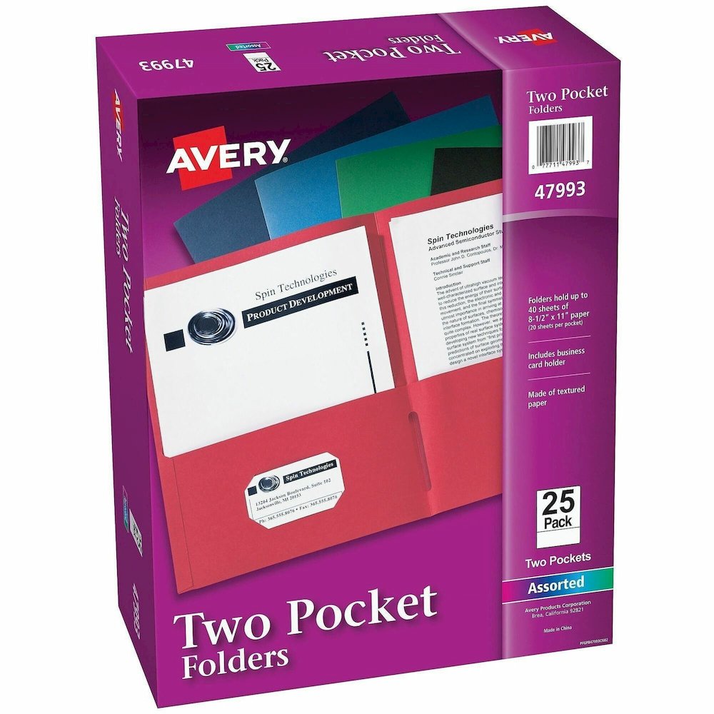 Avery&reg; Letter Pocket Folder - 8 1/2" x 11" - 40 Sheets Capacity - 2 Internal Pocket - Embossed Paper - Assorted - Embossed - 25/Box - 5 / Carton. Picture 1