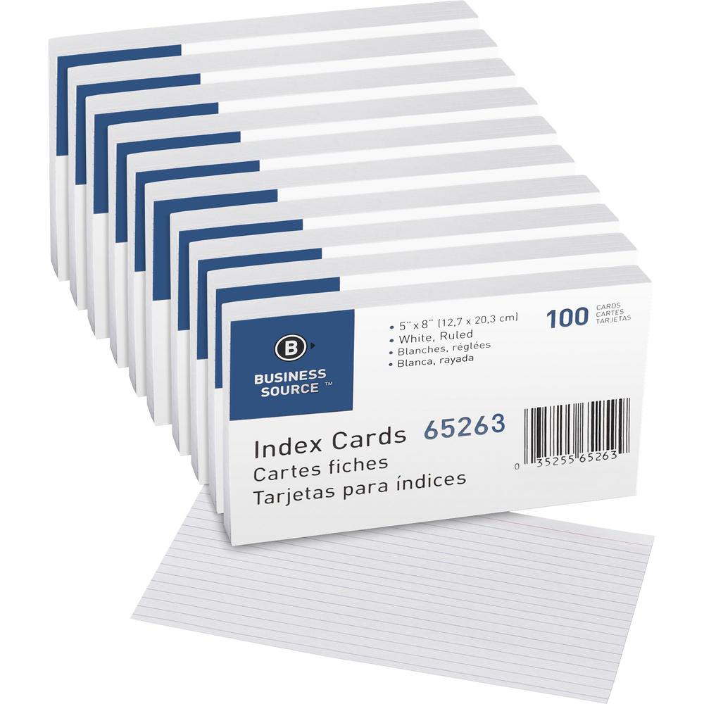 Business Source Ruled Index Cards - Front Ruling Surface - Ruled Front Ruling - 72 lb Basis Weight - 8" x 5" Sheet Size - White Paper - 100/Pack - 5 / Box. Picture 1