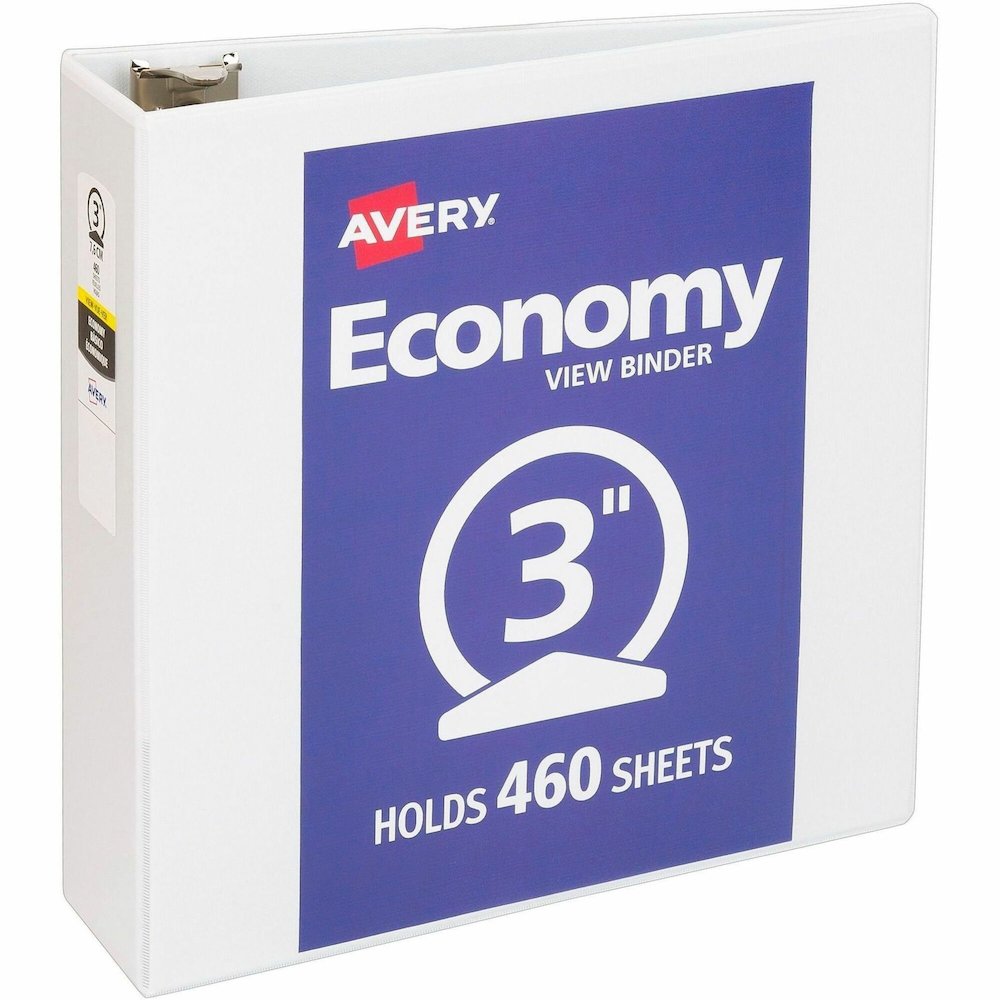 Avery&reg; Economy View Binder - 3" Binder Capacity - Letter - 8 1/2" x 11" Sheet Size - 460 Sheet Capacity - 3 Ring - Fastener: Round Ring - Pocket: 2, Internal - Vinyl - White - 1.79 lb - Gap-free R. Picture 1