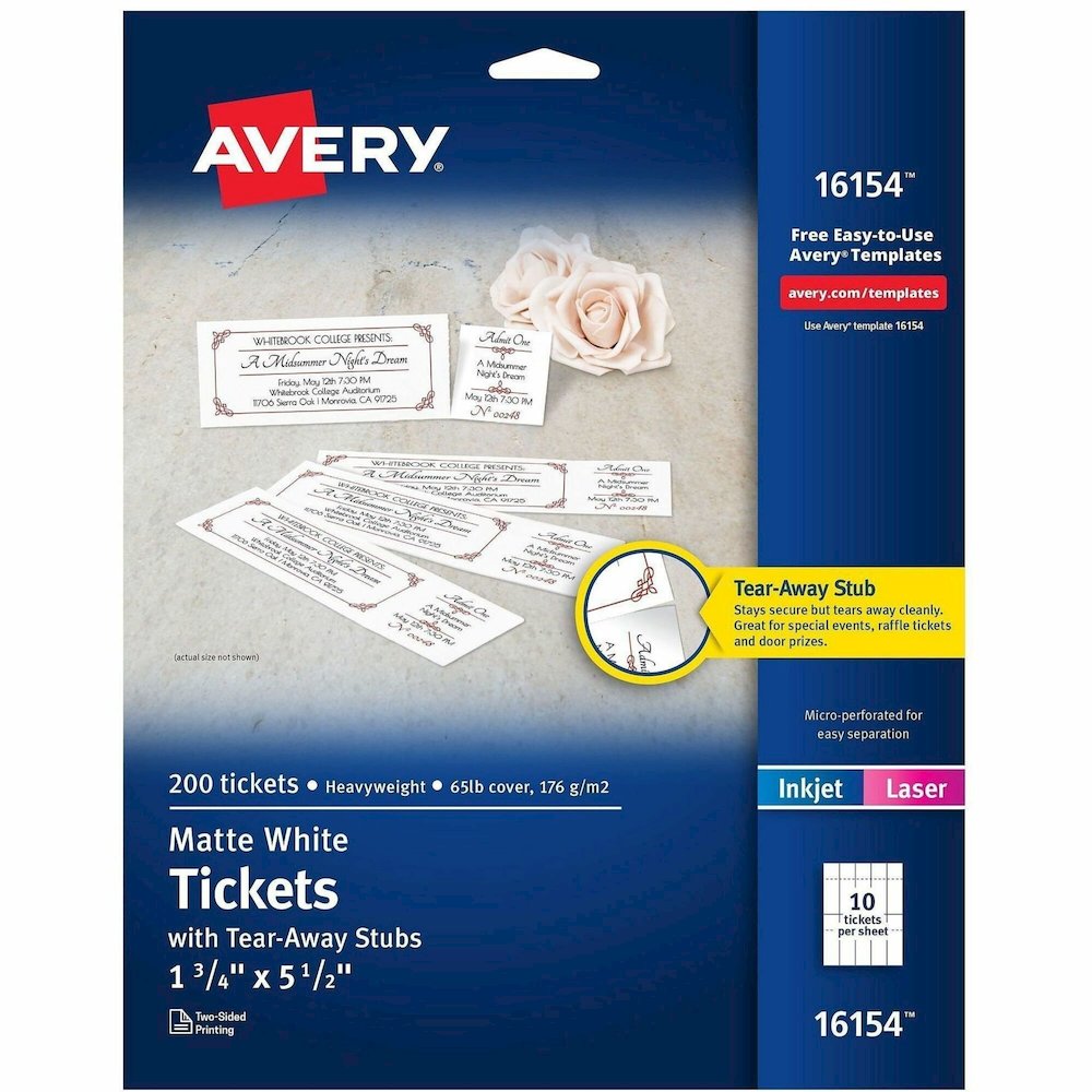 Avery&reg; Blank Tickets with Tear-Away Stubs - 1 3/4" Widthss x 5 1/2" Length - Laser, Inkjet - Matte White - 20 / Sheet - 200/Pack - 5 / Carton. Picture 1