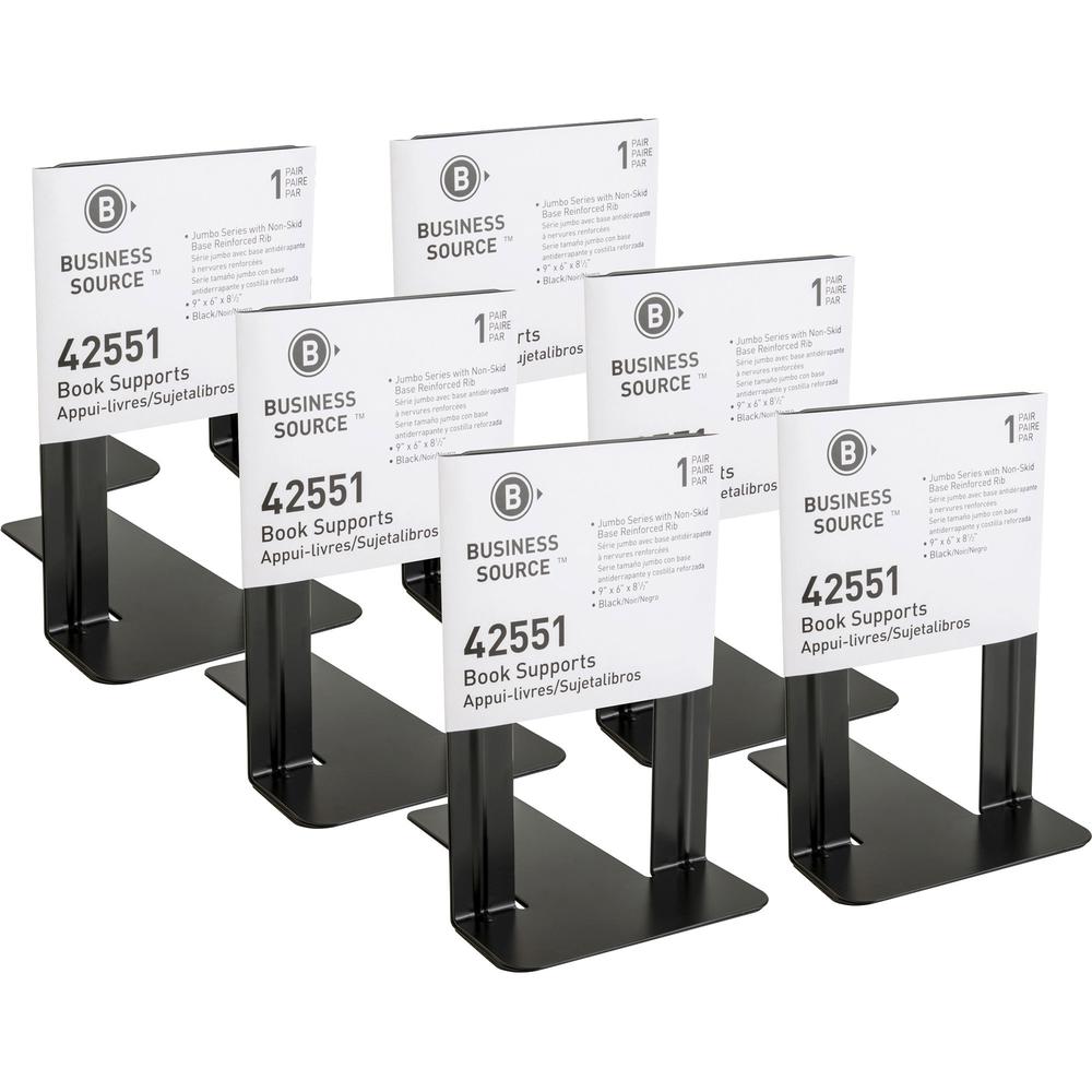 Business Source Heavy-gauge Steel Book Supports - 8.50" Height x 9" Width x 6" Depth - Desktop - Non-skid Base, Scratch Resistant, Stain Resistant - Black - Steel - 2/Pair - 6 / Box. Picture 1