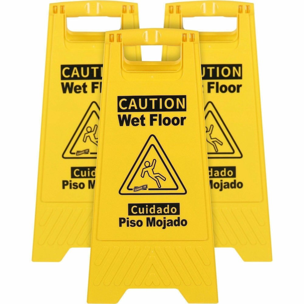 Genuine Joe Universal Graphic Wet Floor Sign - Print/Message "Wet Floor" - Foldable - Yellow - 3 / Bundle. Picture 1