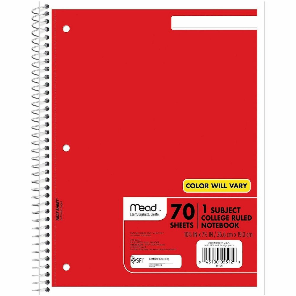 Mead One-subject Spiral Notebook - 70 Sheets - Spiral - College Ruled Front Ruling - 8" x 10 1/2" Sheet Size - White Paper - Tan Board Cover - Heavyweight, Punched - 12 / Bundle. Picture 1