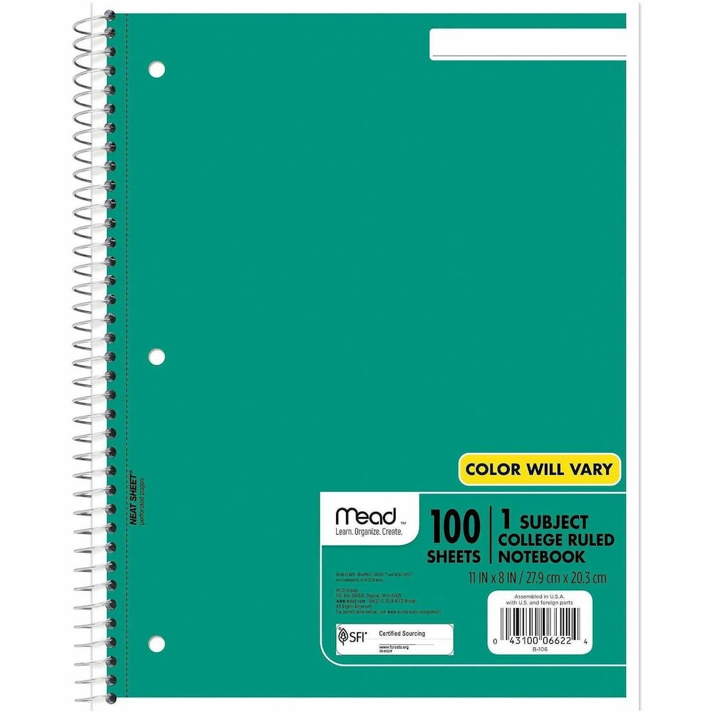 Mead One-subject Spiral Notebook - 100 Sheets - Spiral - College Ruled Front Ruling - 8" x 10 1/2" Sheet Size x 8" Width x 10.5" Length - White Paper - Back Board - 12 / Bundle. Picture 1