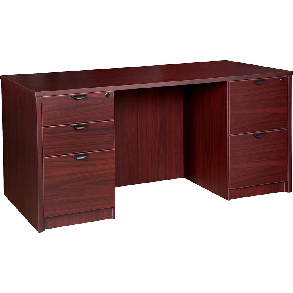 Lorell Prominence 2.0 Double-Pedestal Desk - 1" Thickness Top, 29" Height x 66" Width x 30" Depth - Total Drawer(s): 5 - Double Pedestal - Band Edge - Material: Particleboard - Finish: Mahogany Lamina. Picture 1