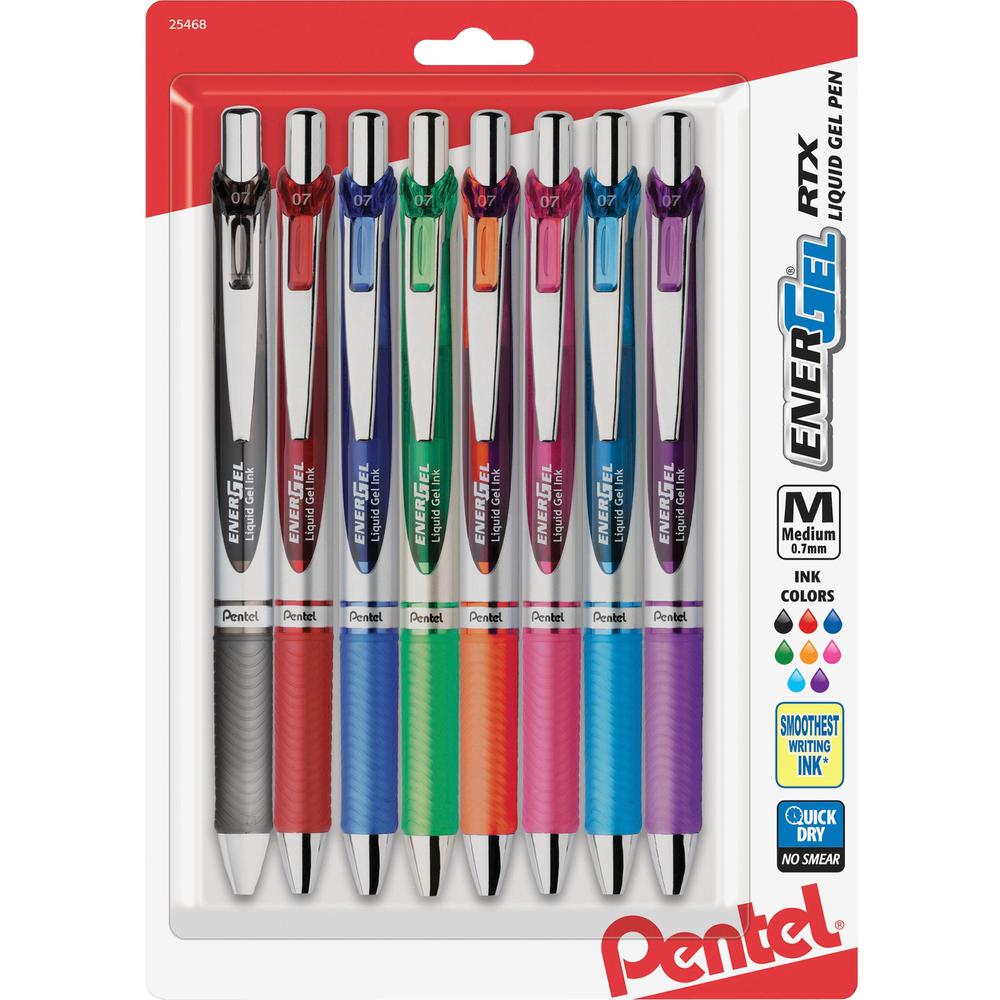 Pentel Liquid Steel Tip Gel Pens - Medium Pen Point - 0.7 mm Pen Point Size - Refillable - Retractable - Assorted Gel-based Ink - Stainless Steel Tip - 8 / Pack. Picture 1