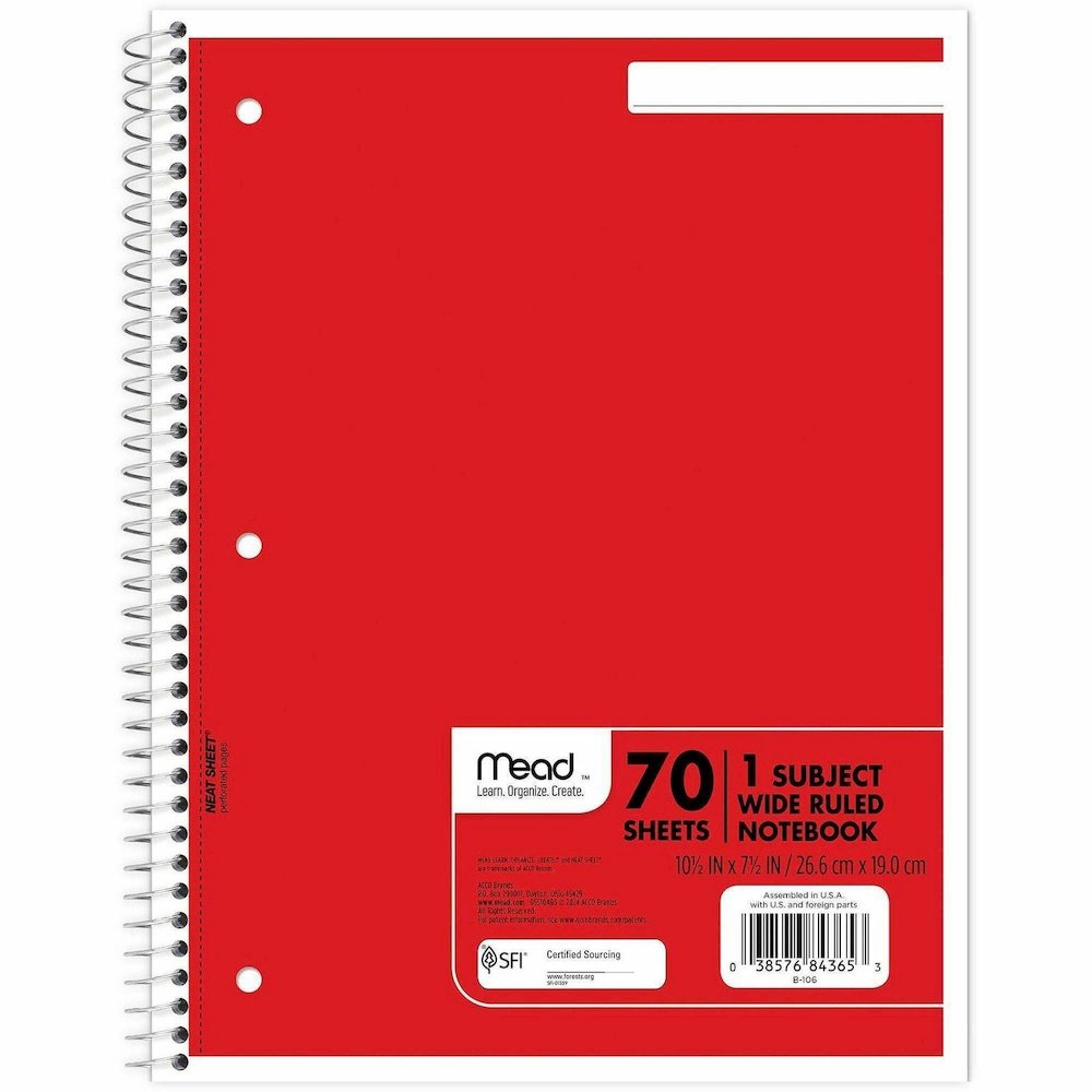 Mead Wide Ruled 1-Subject Notebooks - 70 Sheets - Spiral - Wide Ruled Front Ruling - 8" x 10 1/2" Sheet Size - White Paper - Assorted Cover - Hole-punched, Micro Perforated - 6 / Bundle. Picture 1
