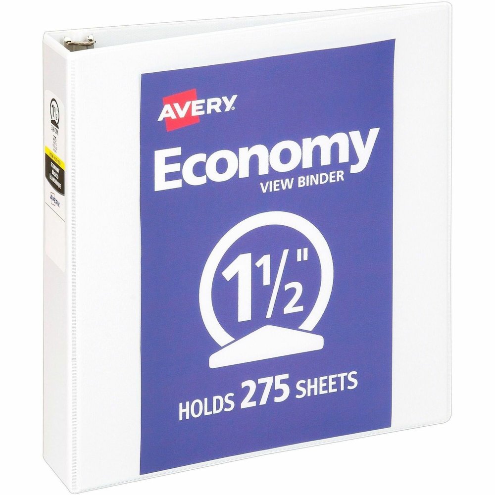 Avery&reg; Economy View Binder - 1 1/2" Binder Capacity - Letter - 8 1/2" x 11" Sheet Size - 275 Sheet Capacity - 3 Ring - Fastener: Round Ring - Pocket: 2, Internal - Vinyl, Chipboard - White - Gap-f. Picture 1