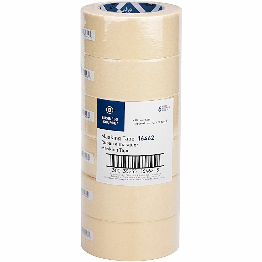 Business Source Utility-purpose Masking Tape - 60 yd Length x 2" Width - 3" Core - Tan - Crepe Paper Backing - For Bundling, Holding, Sealing, Masking - 6 / Pack. Picture 1