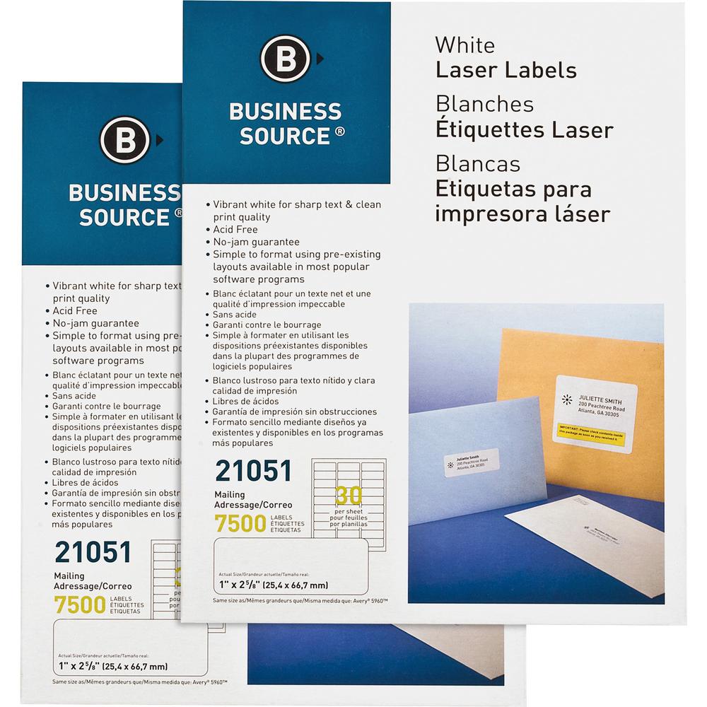 Business Source Bright White Premium-quality Address Labels - 1" Width x 2 5/8" Length - Permanent Adhesive - Rectangle - Laser, Inkjet - White - 30 / Sheet - 250 Total Sheets - 15000 / Carton - Jam-f. Picture 1