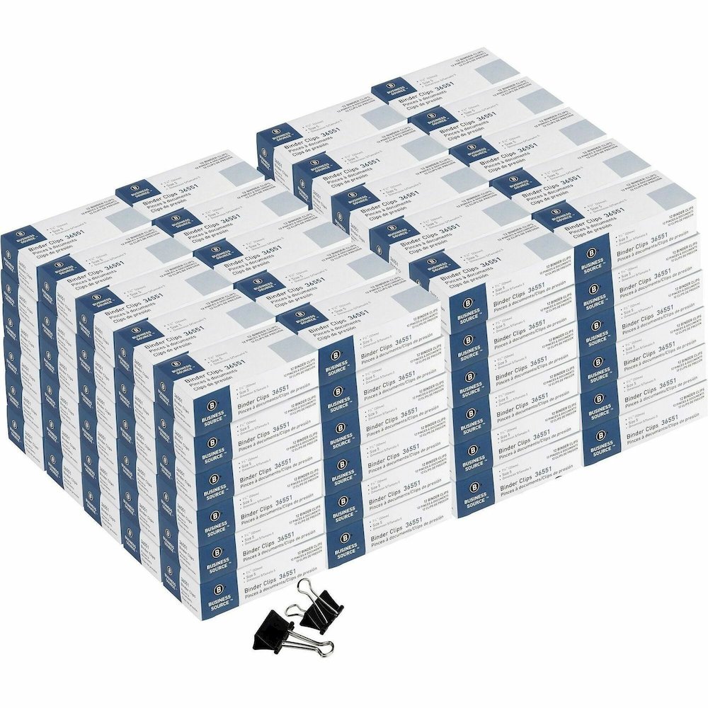 Business Source Fold-back Binder Clips - Medium - 1.3" Length x 1.3" Width - 0.63" Size Capacity - Black - Steel - 1 Dozen/Box - 10 / Carton. Picture 1