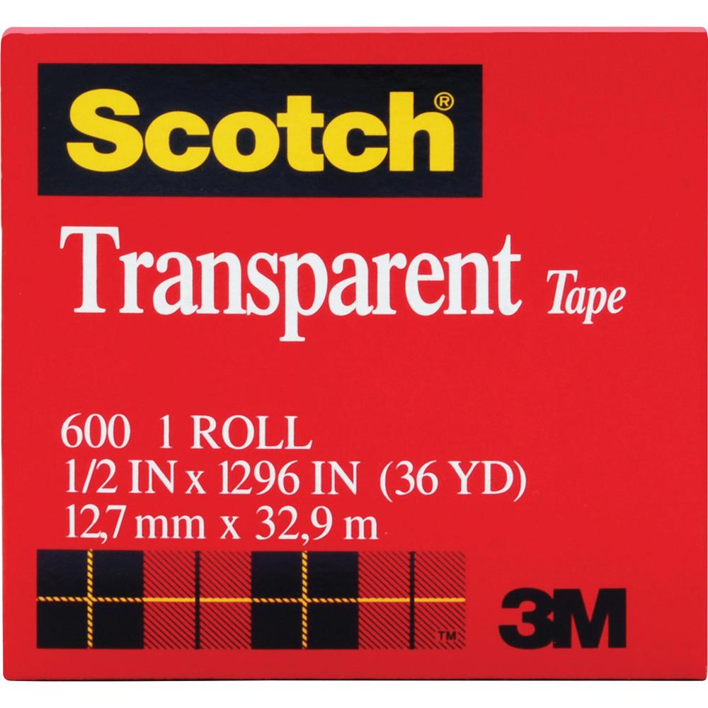 Scotch Transparent Tape - 1/2"W - 36 yd Length x 0.50" Width - 1" Core - Clear - Moisture Resistant, Stain Resistant, Long Lasting - For Multipurpose, Mending, Packing, Label Protection, Wrapping - 12. Picture 1