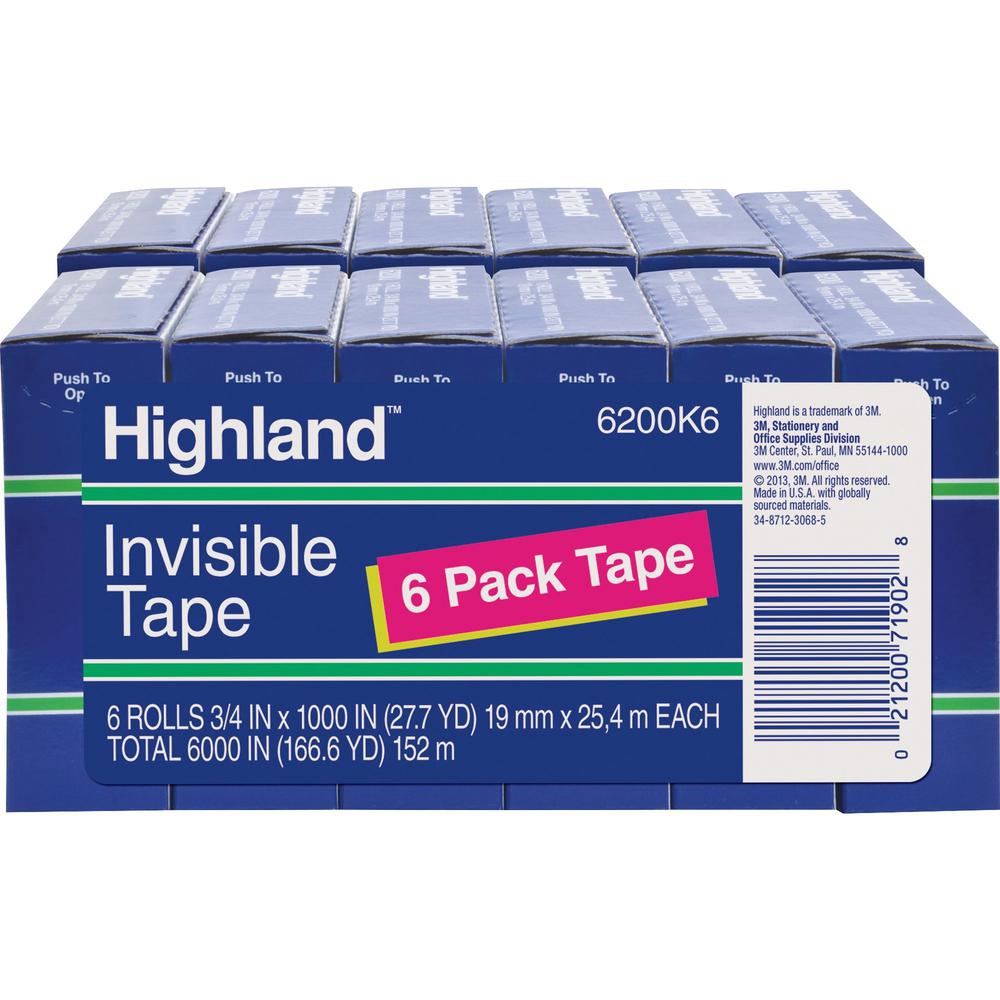 Highland 3/4"W Matte-finish Invisible Tape - 27.78 yd Length x 0.75" Width - 1" Core - Matte - Clear - For Mending, Holding, Splicing - 6/Pack - 2 / Bundle. Picture 1