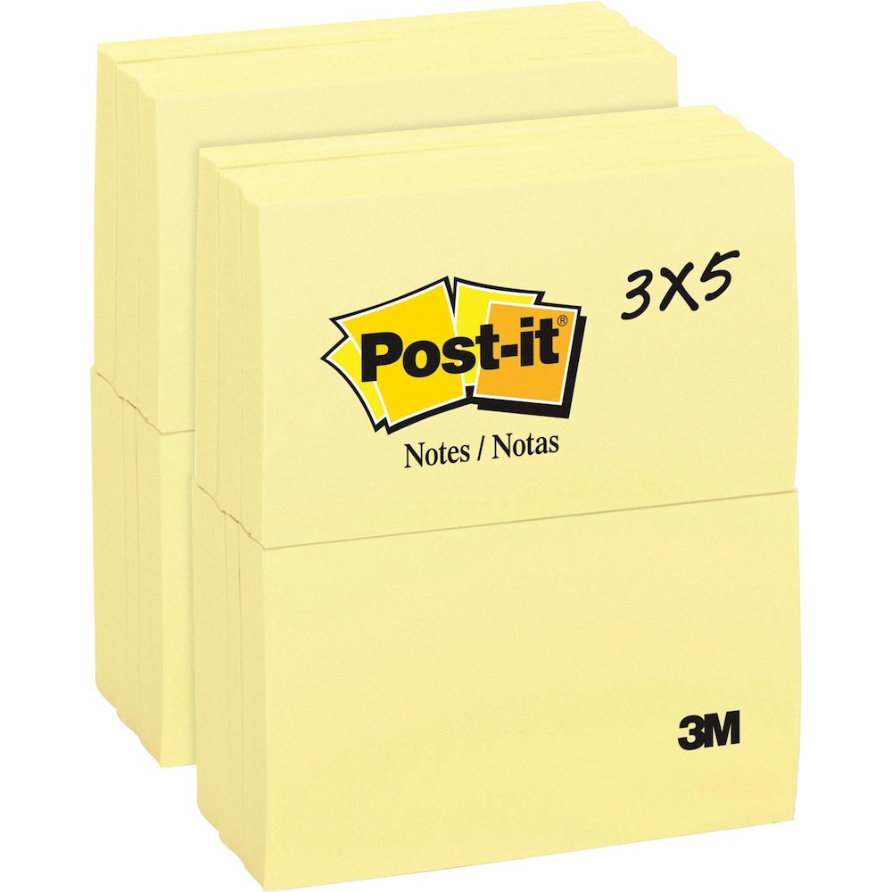 Post-it&reg; Notes Original Notepads - 3" Flag/Note Width x 5" Flag/Note Length - Rectangle - 100 Sheets per Pad - Unruled - Canary Yellow - Paper - Self-adhesive, Repositionable - 12/Pack - 2 / Bundl. Picture 1