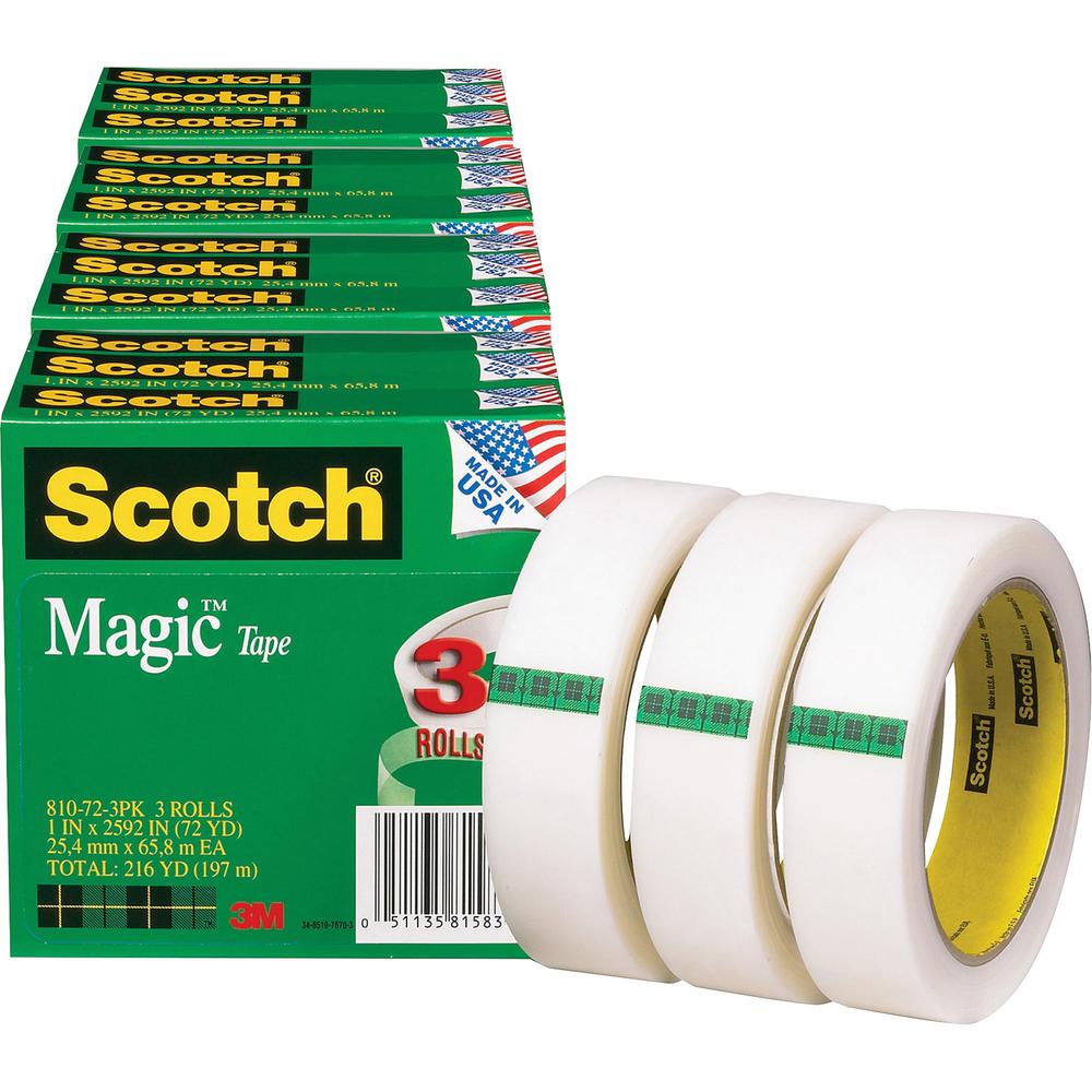 Scotch Magic Tape - 72 yd Length x 1" Width - 3" Core - Matte - Clear - For Mending, Splicing - 3/Pack - 4 / Bundle. Picture 1