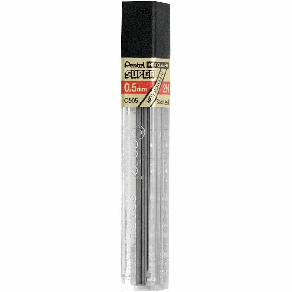 Pentel Super Hi-Polymer Leads - 0.5 mm , Fine Point - 2H - Black Lead - 12/Tube - 12 / Box. Picture 1