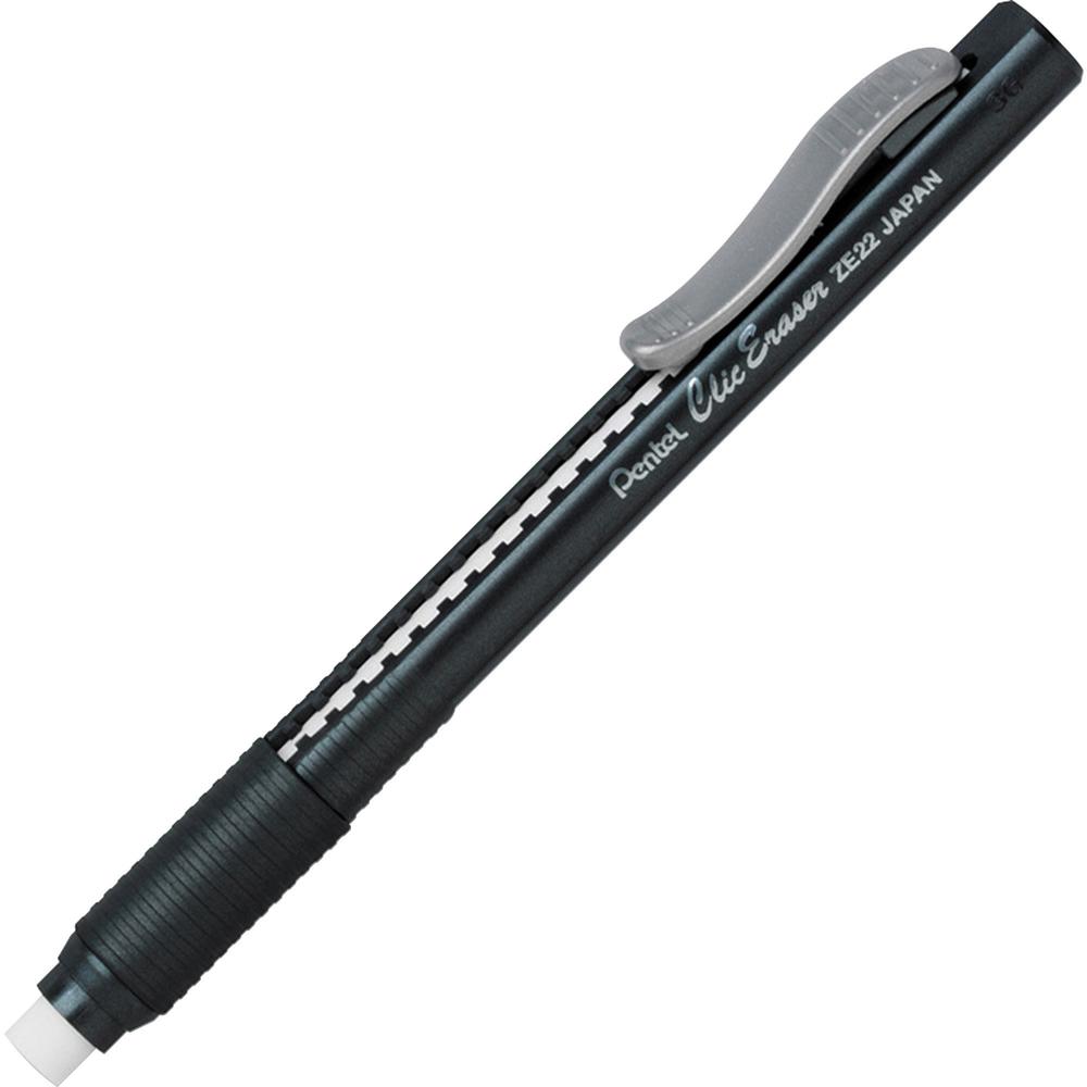 Pentel Rubber Grip Clic Eraser - Black - Black Barrel - Pen - Refillable - 12 / Box - Retractable, Latex-free Grip, Ghost Resistant, Pocket Clip. Picture 1