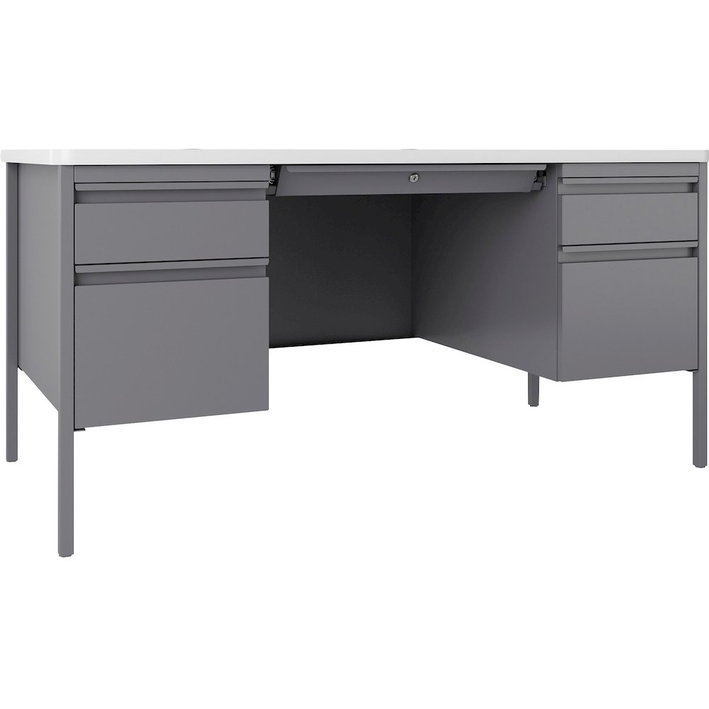 Lorell Fortress Series Double-Pedestal Teachers Desk - 29.5" Height x 60" Width x 30" Depth - Double Pedestal - T-mold Edge - Material: Steel - Finish: Gray - 1 Each. Picture 1