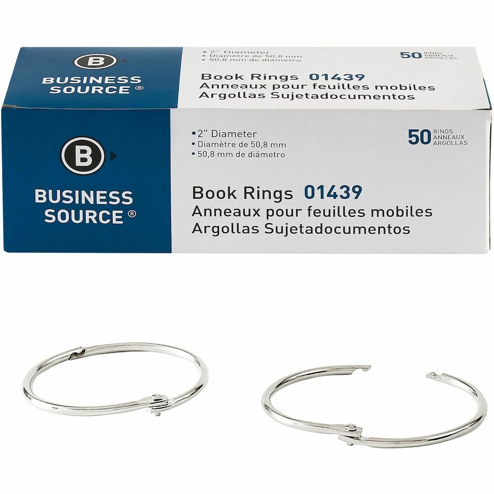 Business Source Standard Book Rings - 2" Diameter - Silver - Nickel Plated - 50 / Box. Picture 1