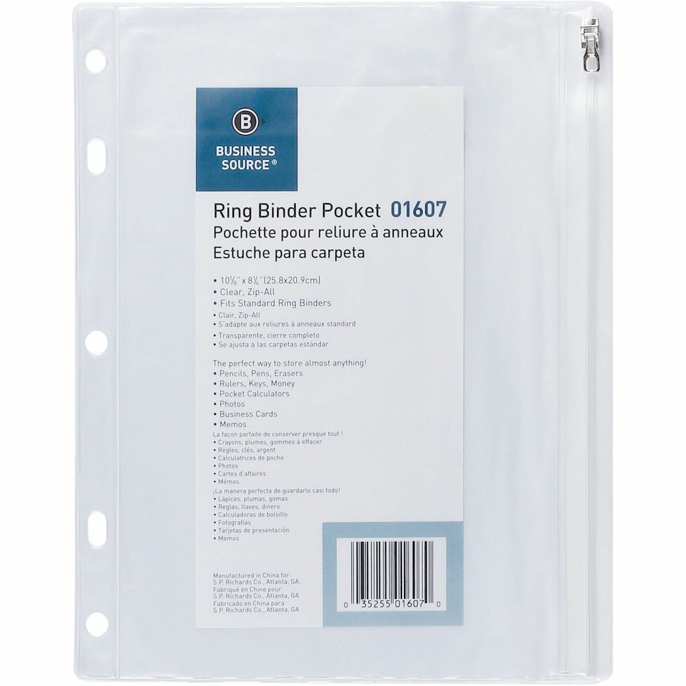 Business Source Punched Economy Binder Pocket - 10" Height x 8" Width - 7 x Holes - Ring Binder - Clear - Plastic - 24 / Box. Picture 1