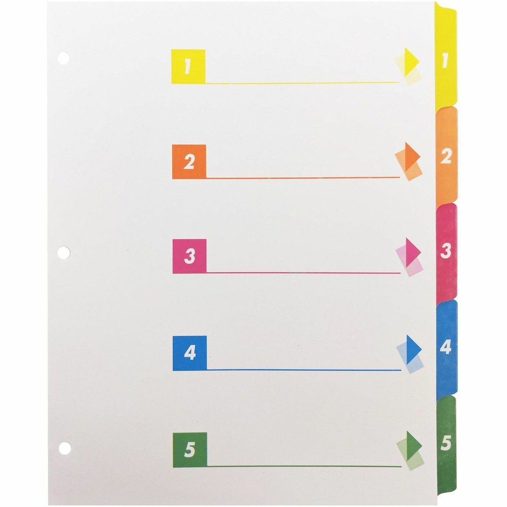 Business Source Color-coded Table of Contents/Tabs Index Dividers - Printed Tab(s) - Digit - 1-5 - 5 Tab(s)/Set - 3 Hole Punched - White Divider - Multicolor Mylar Tab(s) - 1 Box. Picture 1