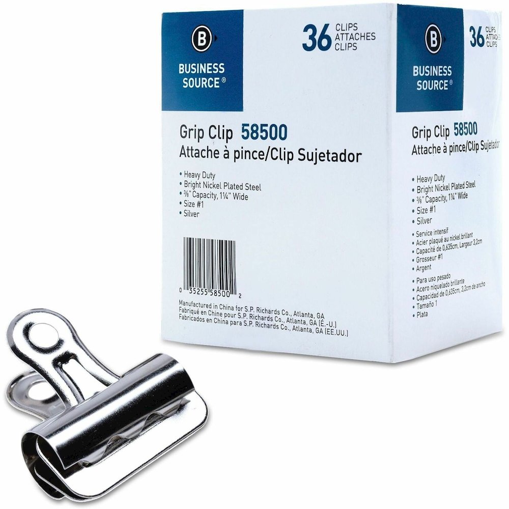 Business Source Bulldog Grip Clips - No. 1 - 1.3" Width - for Paper - Heavy Duty - Silver - 36 / Box. Picture 1